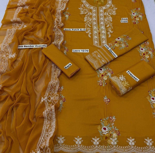 LAWN 3 PIECE UNSTICHED FULL HEAVY EMB SUIT FOR SUMMER 2025