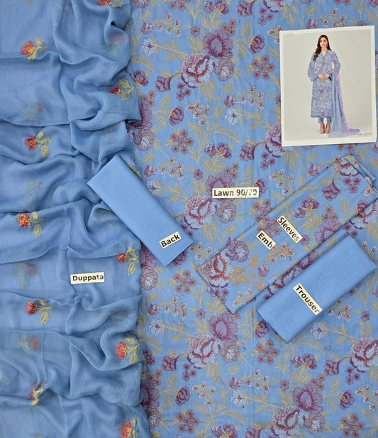 LAWN 3 PIECE UNSTICHED FULL HEAVY EMB SUIT FOR SUMMER 2025