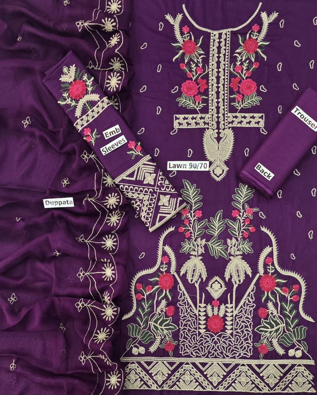 LAWN 3 PIECE UNSTICHED FULL HEAVY EMB SUIT FOR SUMMER 2025