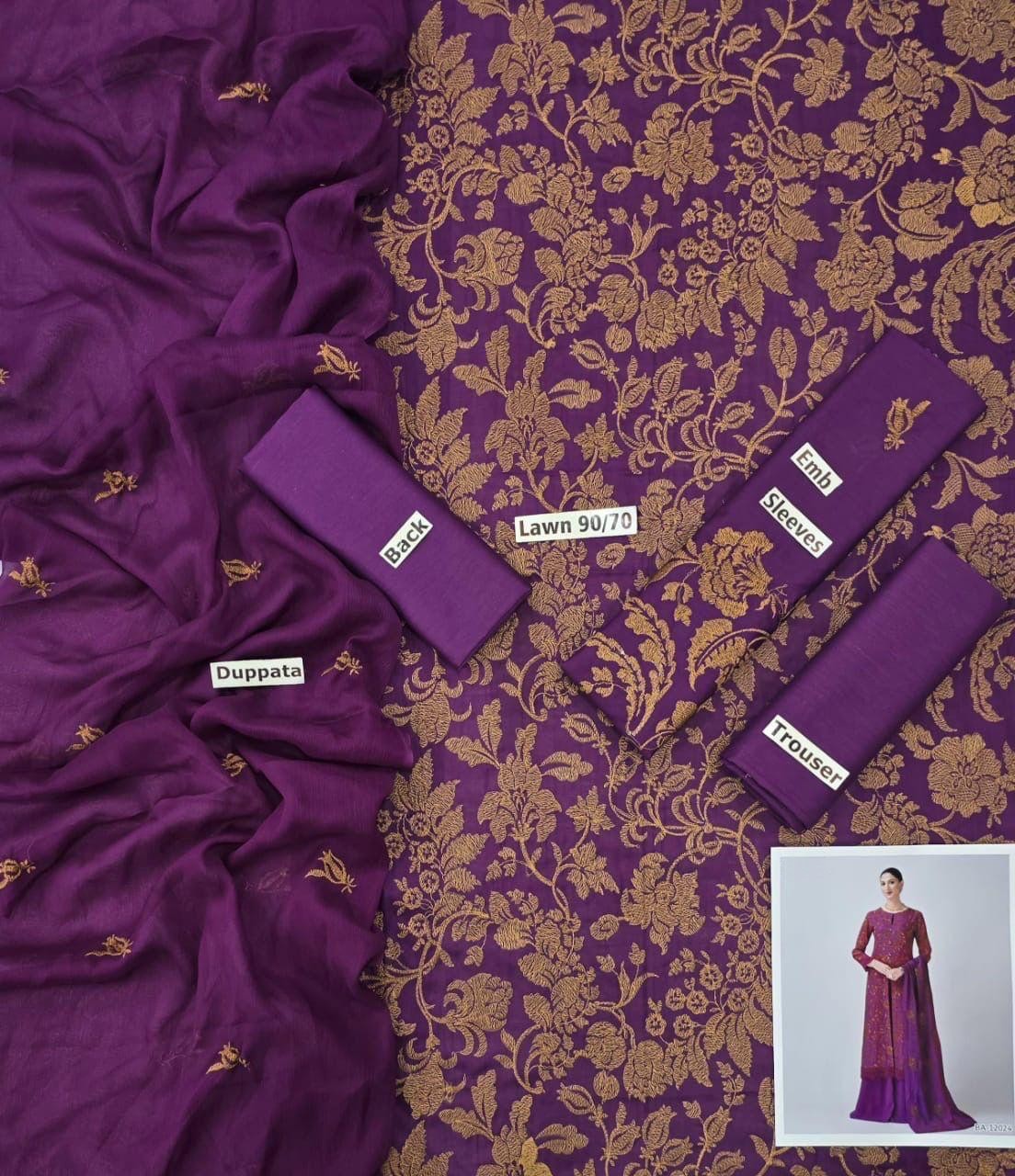 LAWN 3 PIECE UNSTICHED FULL HEAVY EMB SUIT FOR SUMMER 2025